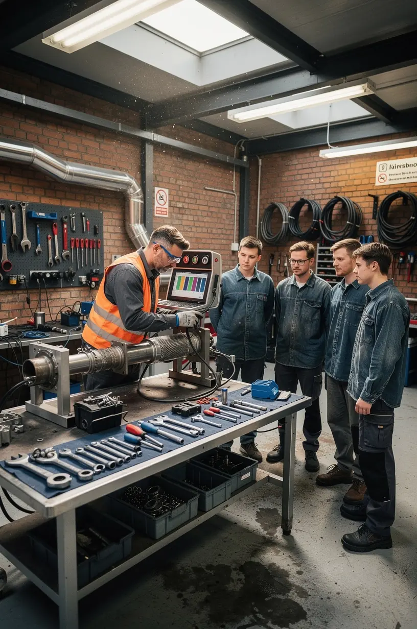 Detailaufnahme eines gereinigten Katalysators in Reparaturwerkstatt